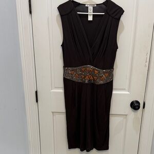 Mango Dark Brown Midi Dress with Embellished Waist